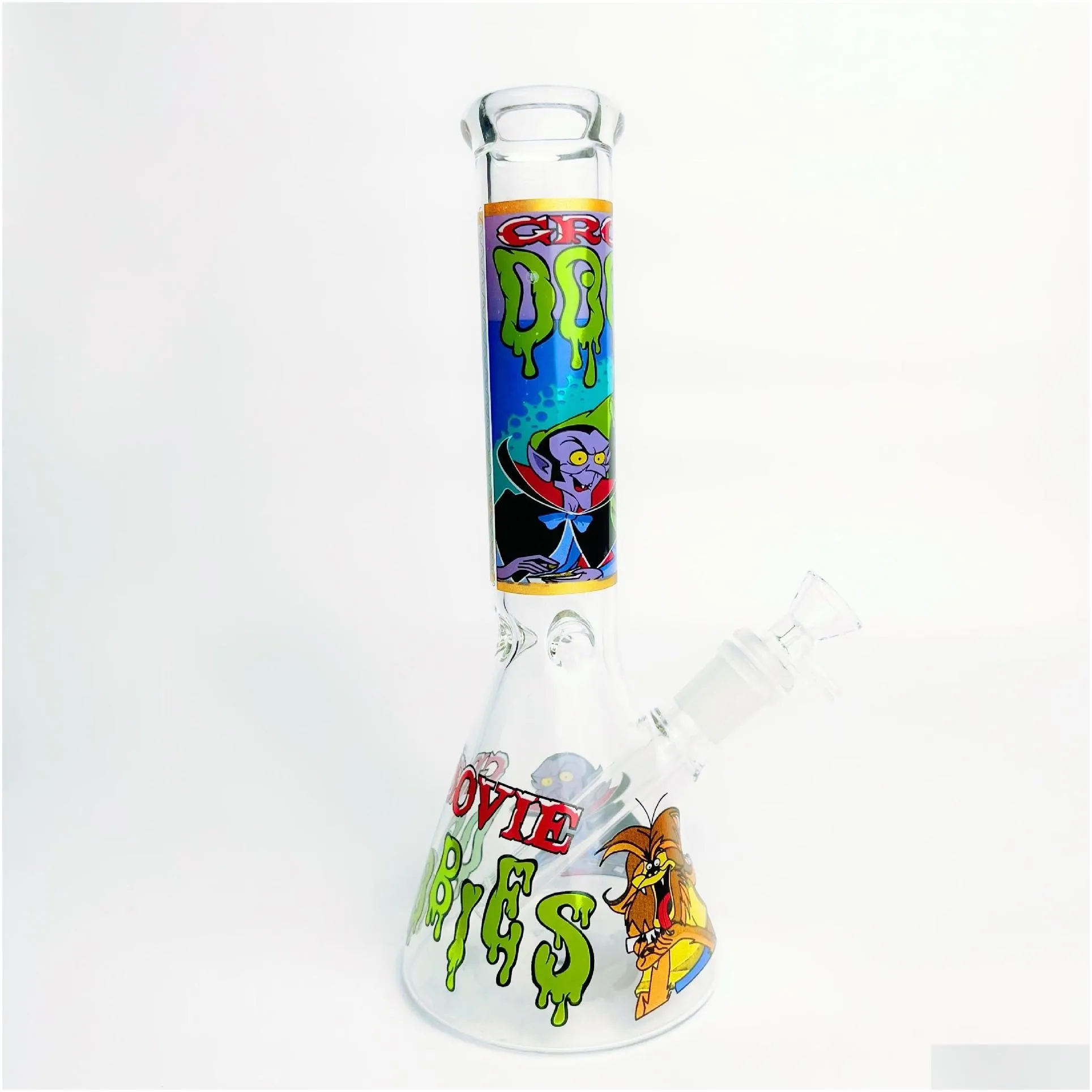 hookahs 4mm thickness luminus decal beaker bong 9.8 heady glass bongs straight bong with ice catches retro american cartoon style tobacco smoking