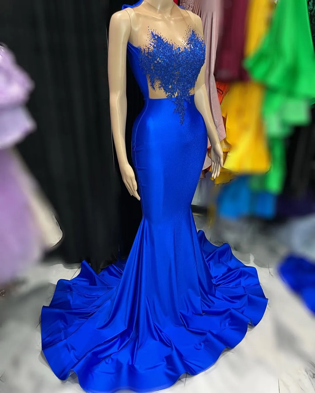 2023 Arabic Aso Ebi Royal Blue Prom Dresses Lace Beaded Satin Evening Formal Party Second Reception Birthday Engagement Bridesmaid Gowns Dress ZJ776