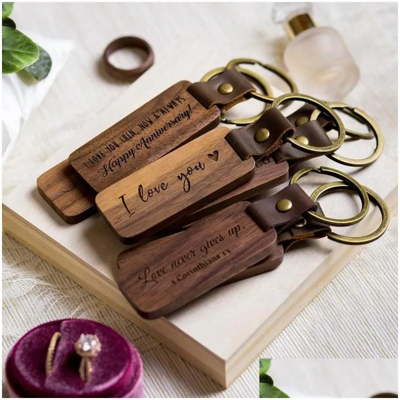 personalized leather keychain pendant beech wood carving keychains luggage decoration key ring diy thanksgiving fathers day gift