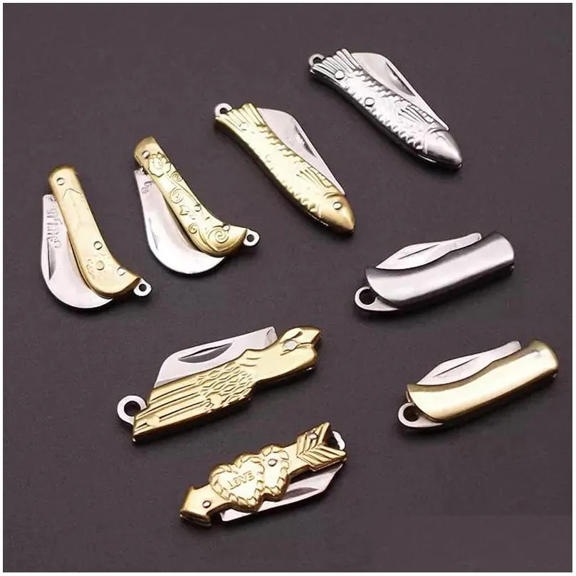 mini pocket folding knife brass handle portable keychain knife pendant outdoor cutting tools gift supplies