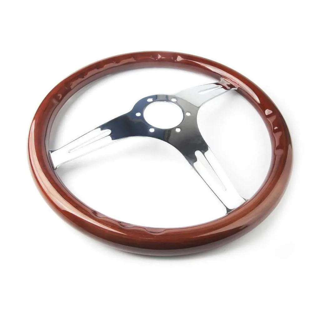 racing car 380mm 15 classic wooden steering wheel chrome silver spoke vintage classic wood grain steering wheel car