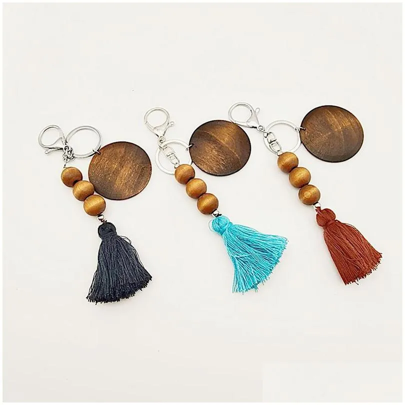 5 colors wooden bead tassel keychain pendant luggage decoration keyring fashion beaded key chain party gift