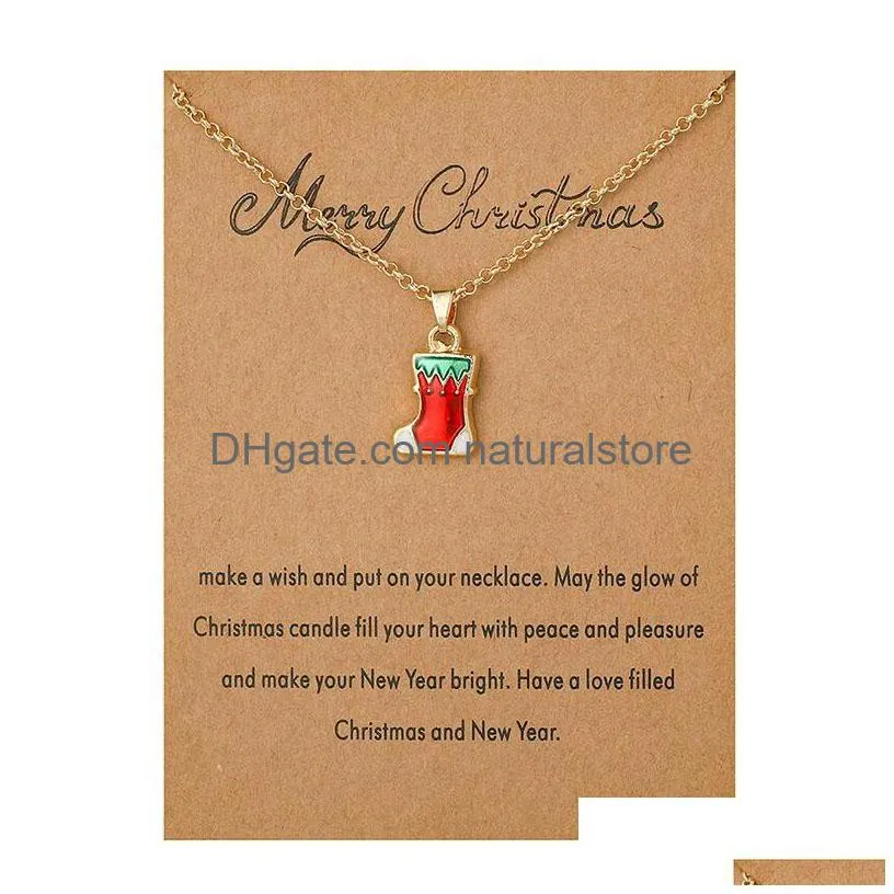2020 merry christmas necklace with gift card santa claus tree sock snowman pendant gold chains for women girls party jewelry