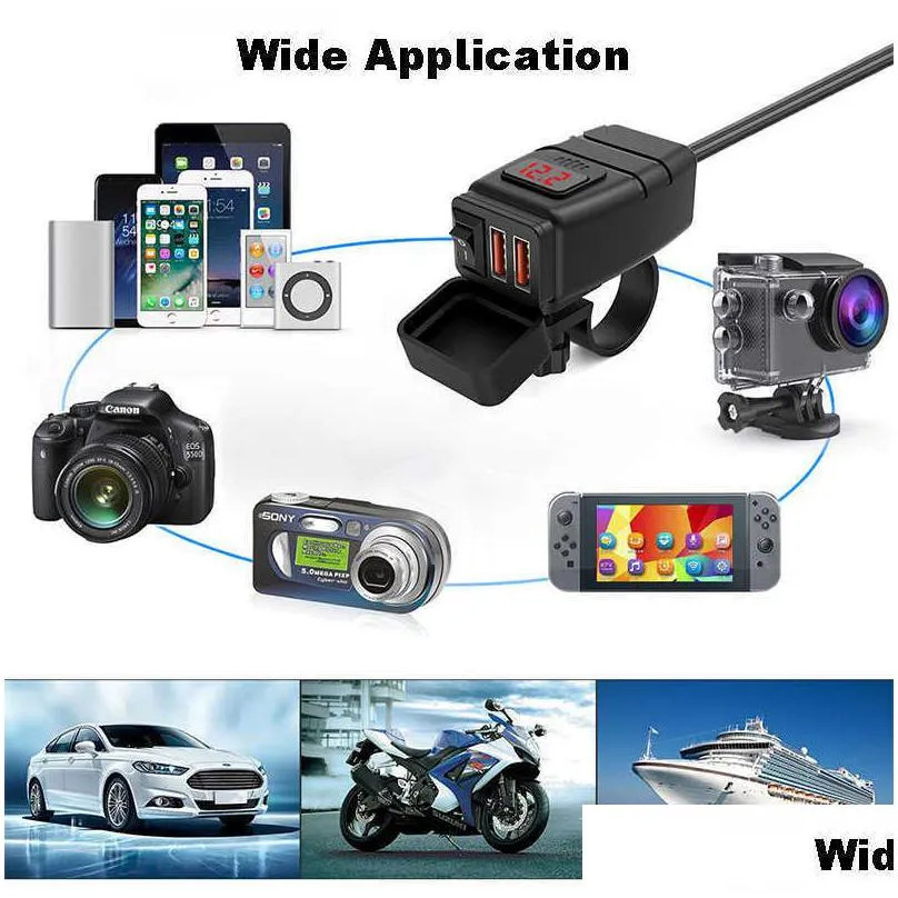 usb port 12v dual waterproof motorcycle handlebar  quick charging 3.0 with voltmeter smart phone tablet gps