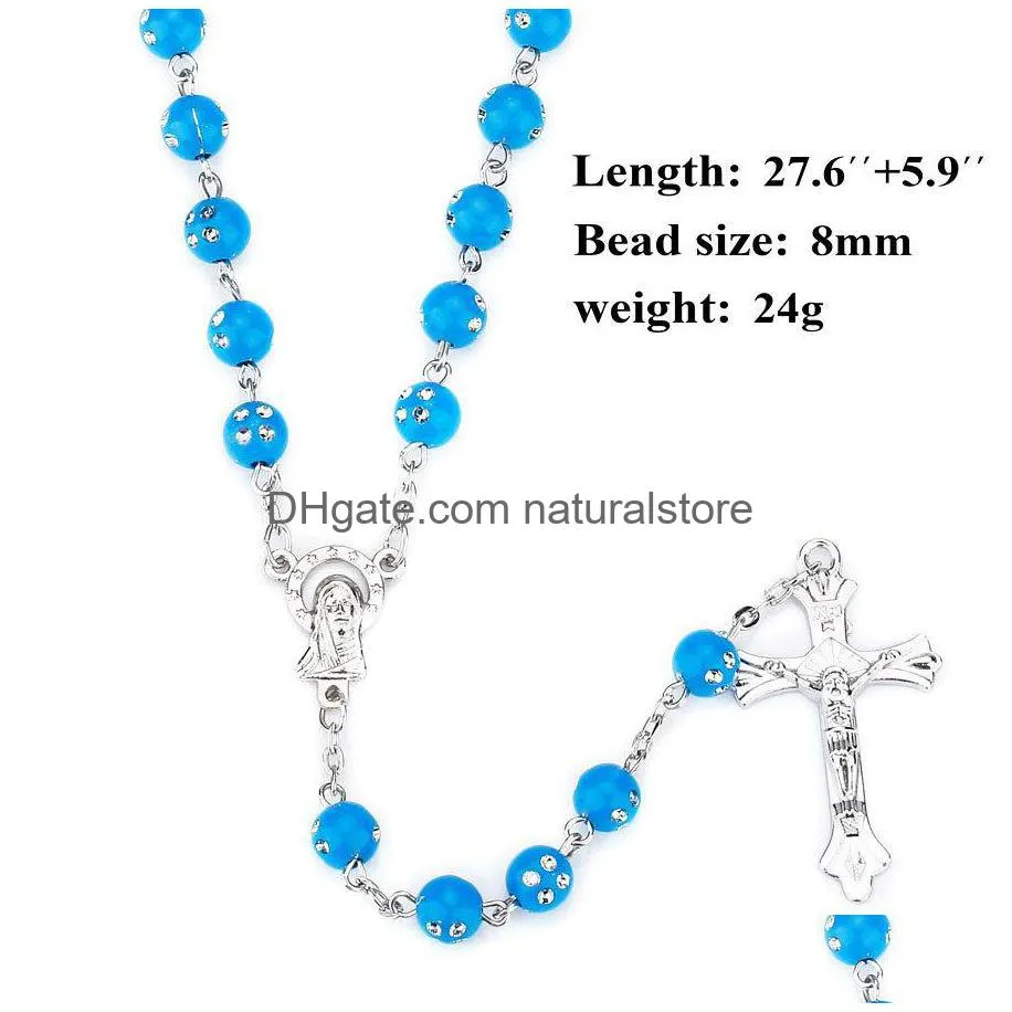 crystal acrylic rosary necklaces for women religious christian virgin mary jesus cross pendant 8mm beads long chains fashion jewelry