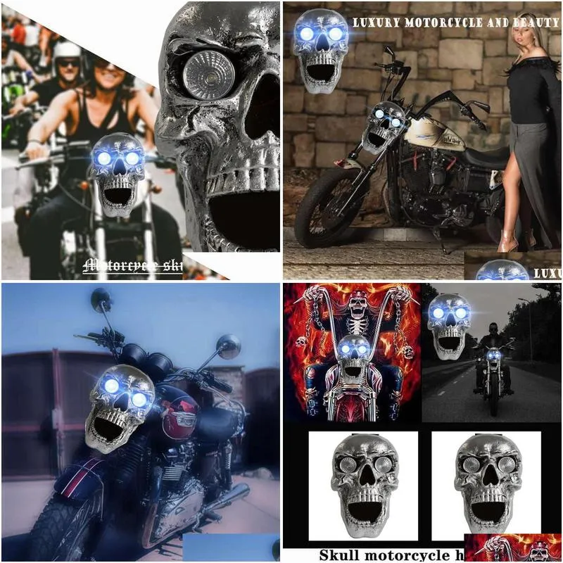 motorcycle skull headlight universal custom led heada light metal skull headllamp halloween motorcycle decorative lights