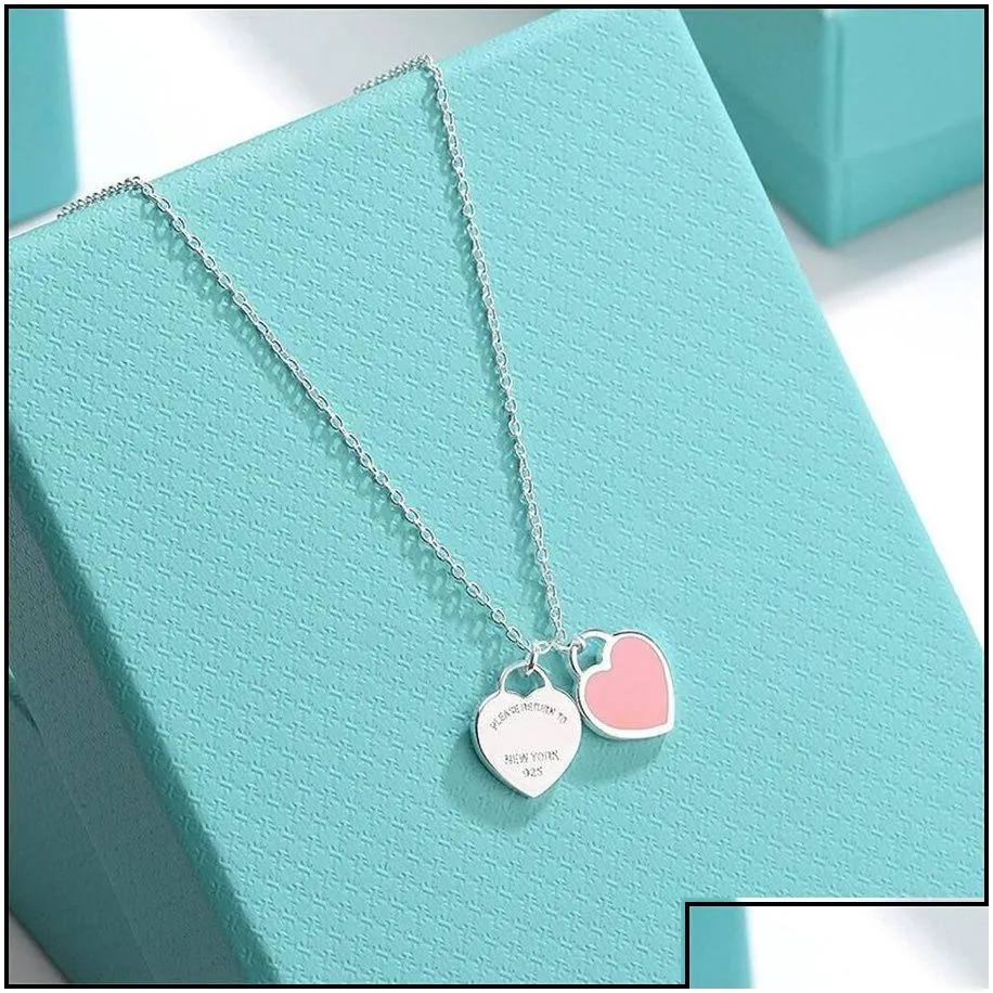 Pendant Necklaces Pendant Necklaces Classic Double Heart Love Necklace Design Brand Clavicle Red Blue Pink For Women Jewelry Gift Dr