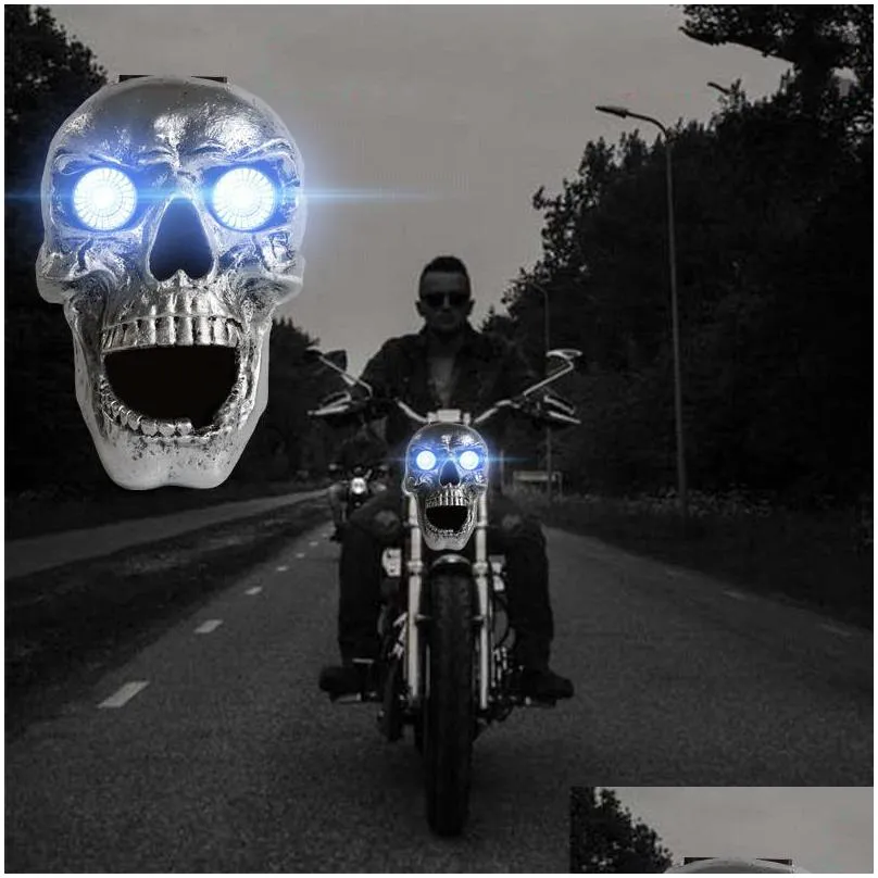 motorcycle skull headlight universal custom led heada light metal skull headllamp halloween motorcycle decorative lights