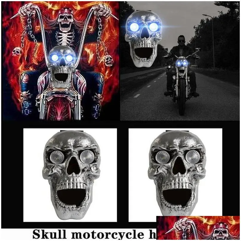 motorcycle skull headlight universal custom led heada light metal skull headllamp halloween motorcycle decorative lights