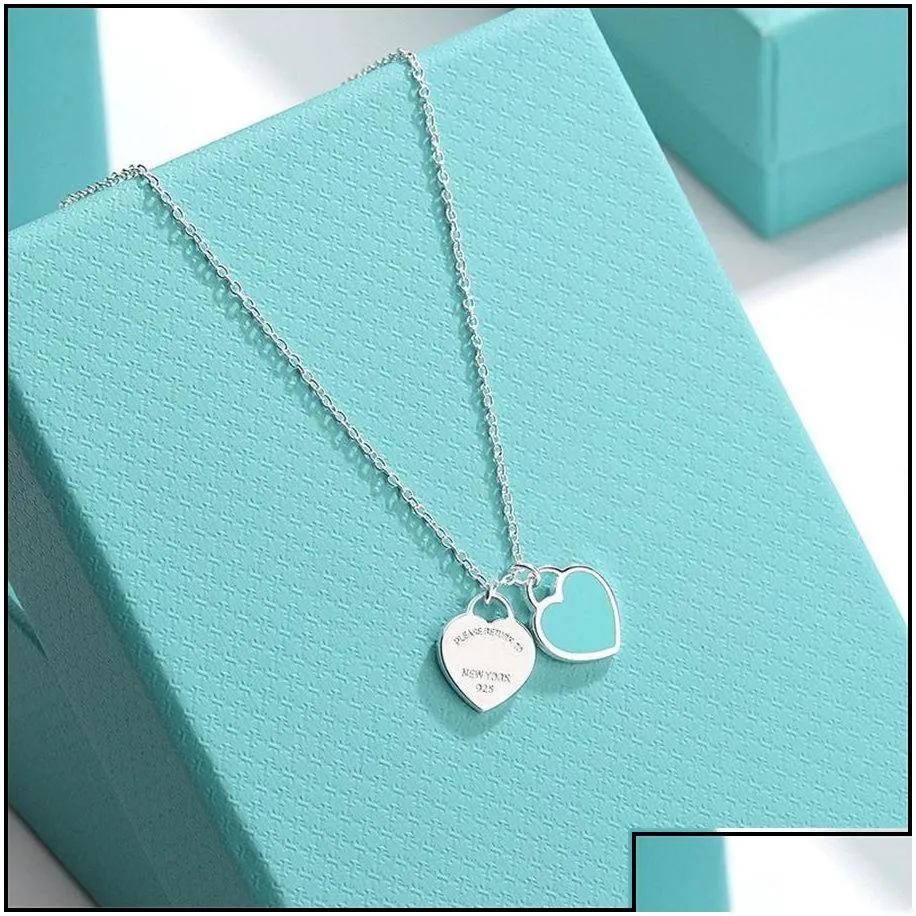 Pendant Necklaces Pendant Necklaces Classic Double Heart Love Necklace Design Brand Clavicle Red Blue Pink For Women Jewelry Gift Dr