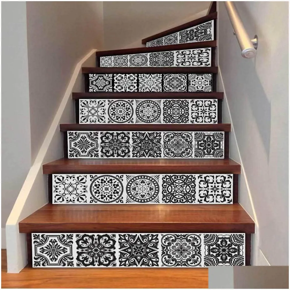 yazi 6pcs removable step selfadhesive stairs sticker ceramic tiles pvc stair wallpaper decal vinyl stairway decor 18x100cm 1007