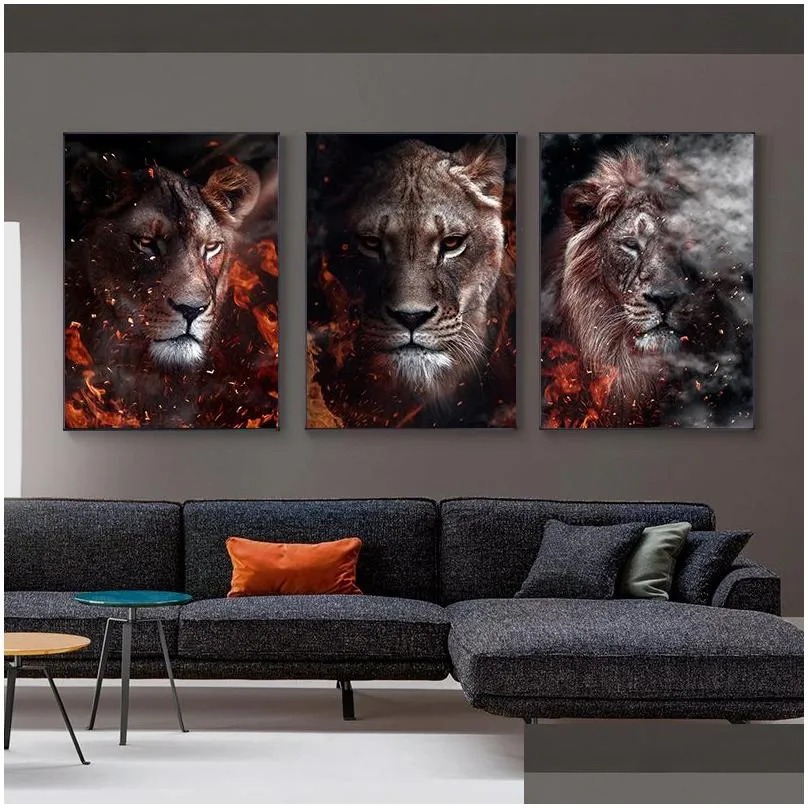 abstract animal  tiger leopard wolf with flames posters and prints canvas paintings wall art pictures for living room home decor no