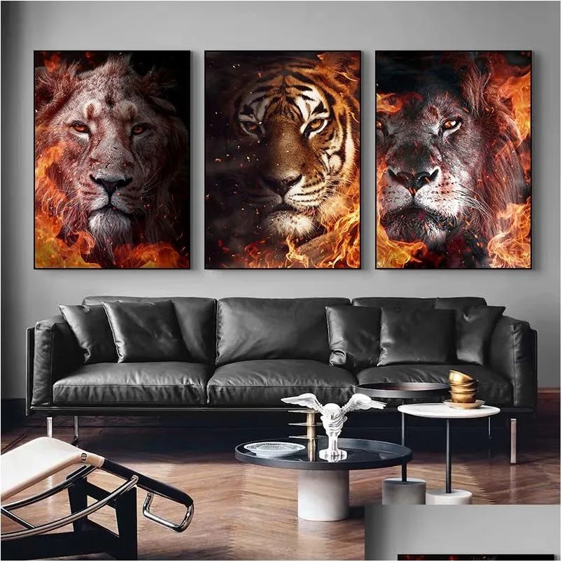 abstract animal  tiger leopard wolf with flames posters and prints canvas paintings wall art pictures for living room home decor no