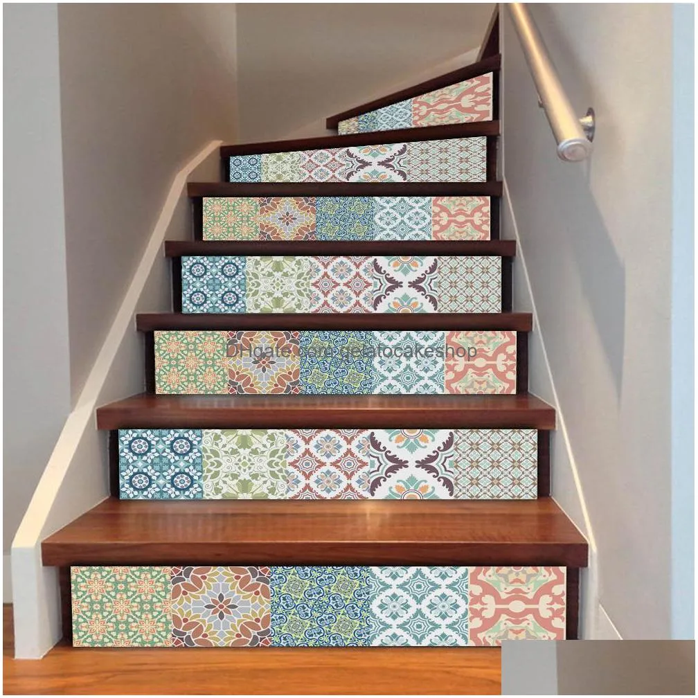 yazi 6pcs removable step selfadhesive stairs sticker ceramic tiles pvc stair wallpaper decal vinyl stairway decor 18x100cm 1007