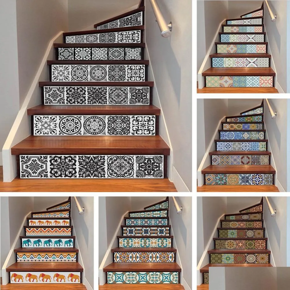 yazi 6pcs removable step selfadhesive stairs sticker ceramic tiles pvc stair wallpaper decal vinyl stairway decor 18x100cm 1007