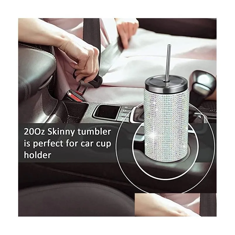 20oz crystal glitter tumbler diamond bling rhinestone finishes skinny straight cup 304 stainless steel vacuum bottle with straw and brush