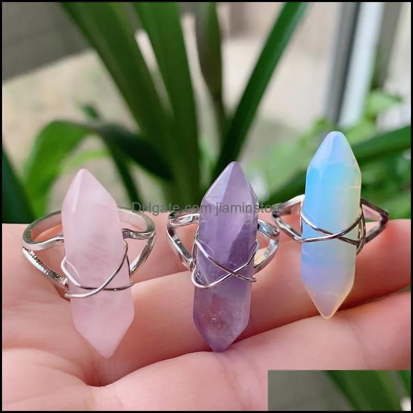 fashion wire wrapped crystal rings healing stone natural women ring adjustable open bullet shape amethysts pink quartz tiger eye lapis finger