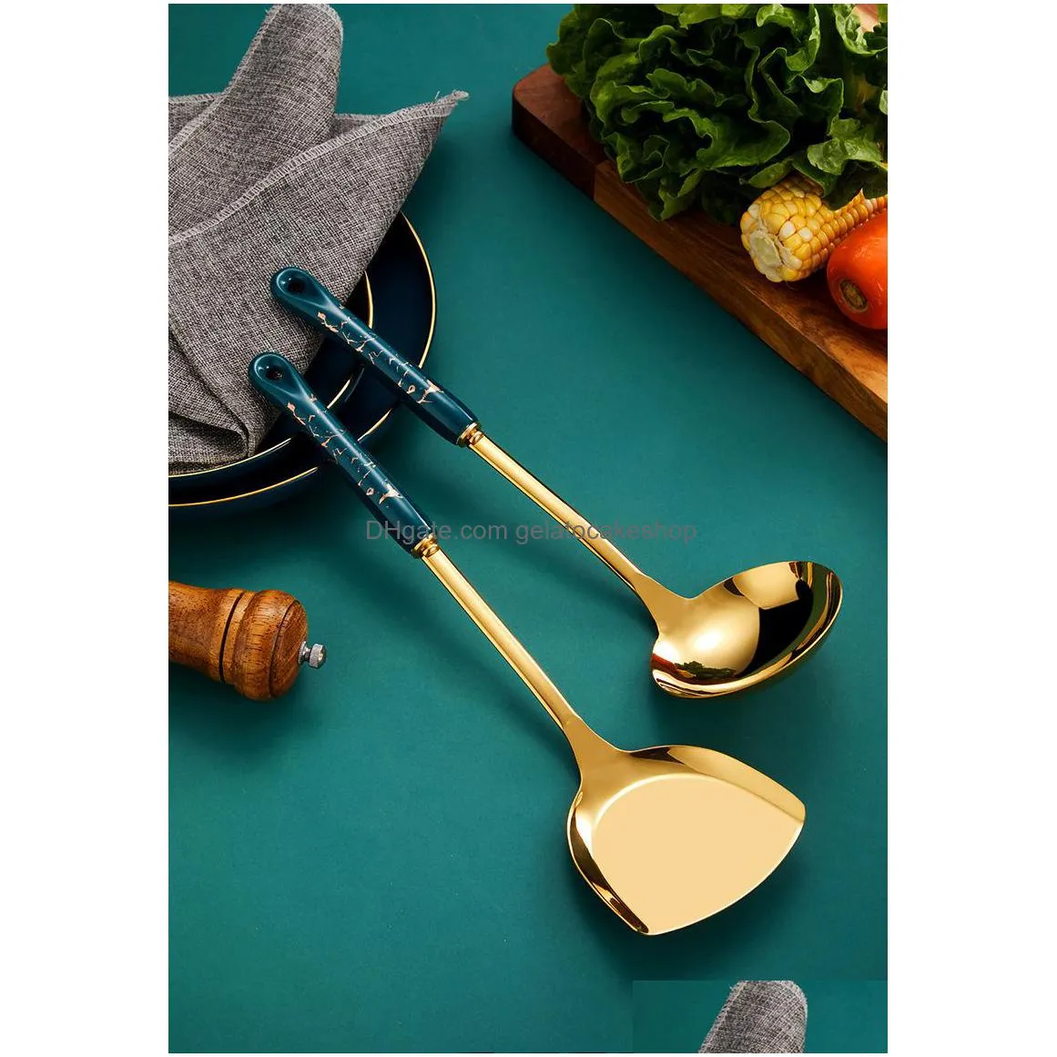 dark green gold cooking pots set stainless steel cookware set non stick spatula shovel spoon kitchen utensils accessories