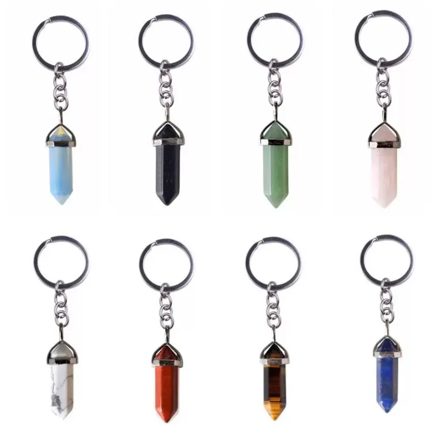 natural stone hexagonal prism keychains silver color healing amethyst pink crystal car decor key rings keyholder for women men