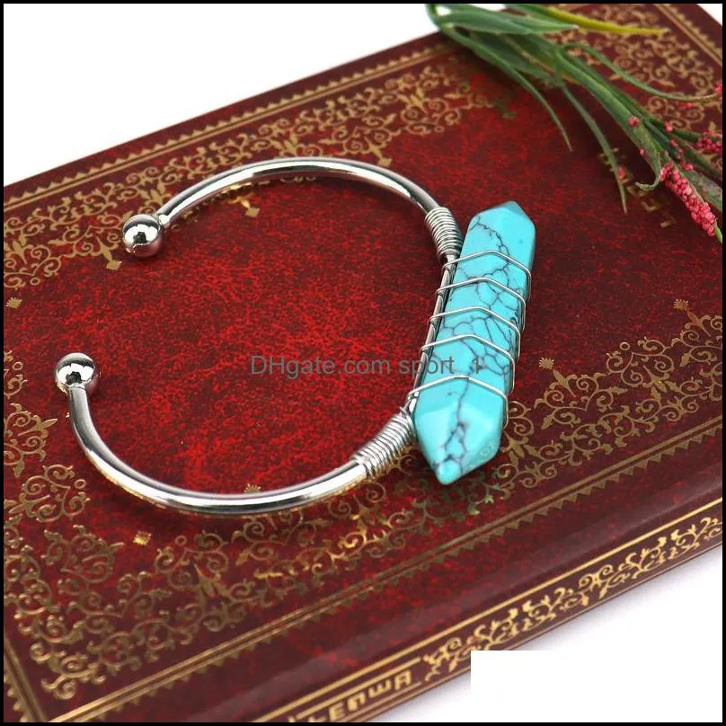 hexagonal gemstone point cuff bracelet for women girls handmade silver wire woven lift of tree healing chakra crystal friendship bangle charms