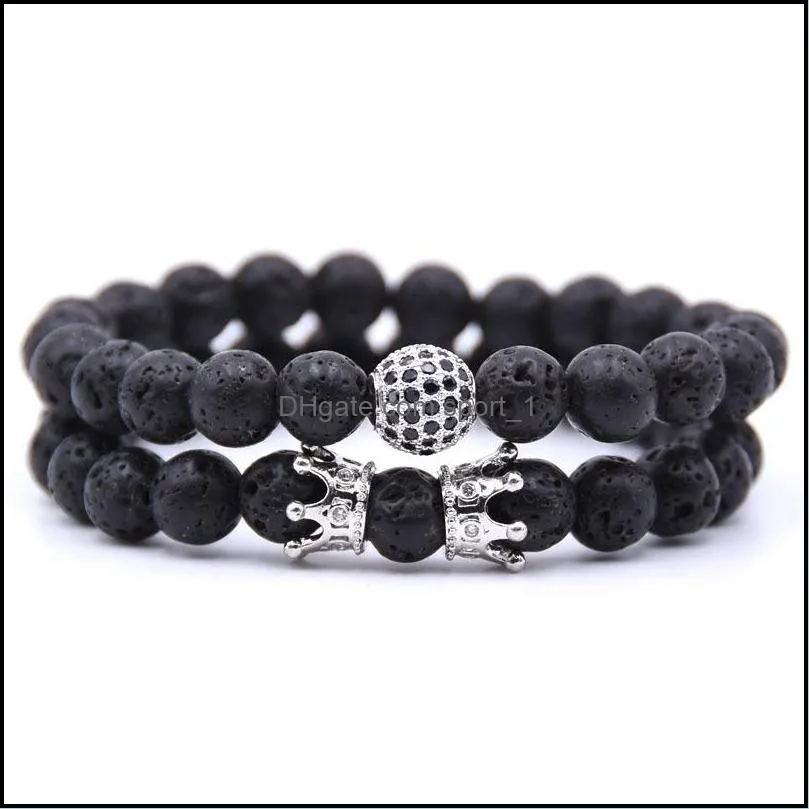 10pc/set natural 8mm crown volcano stone cz round volcano stone bracelet sets gifts for men women handmade yoga jewelry