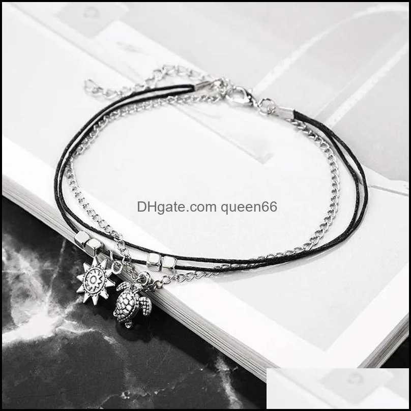 simple geometric turtle sun animal square beaded black wire rope chain anklet ladies beach tourism