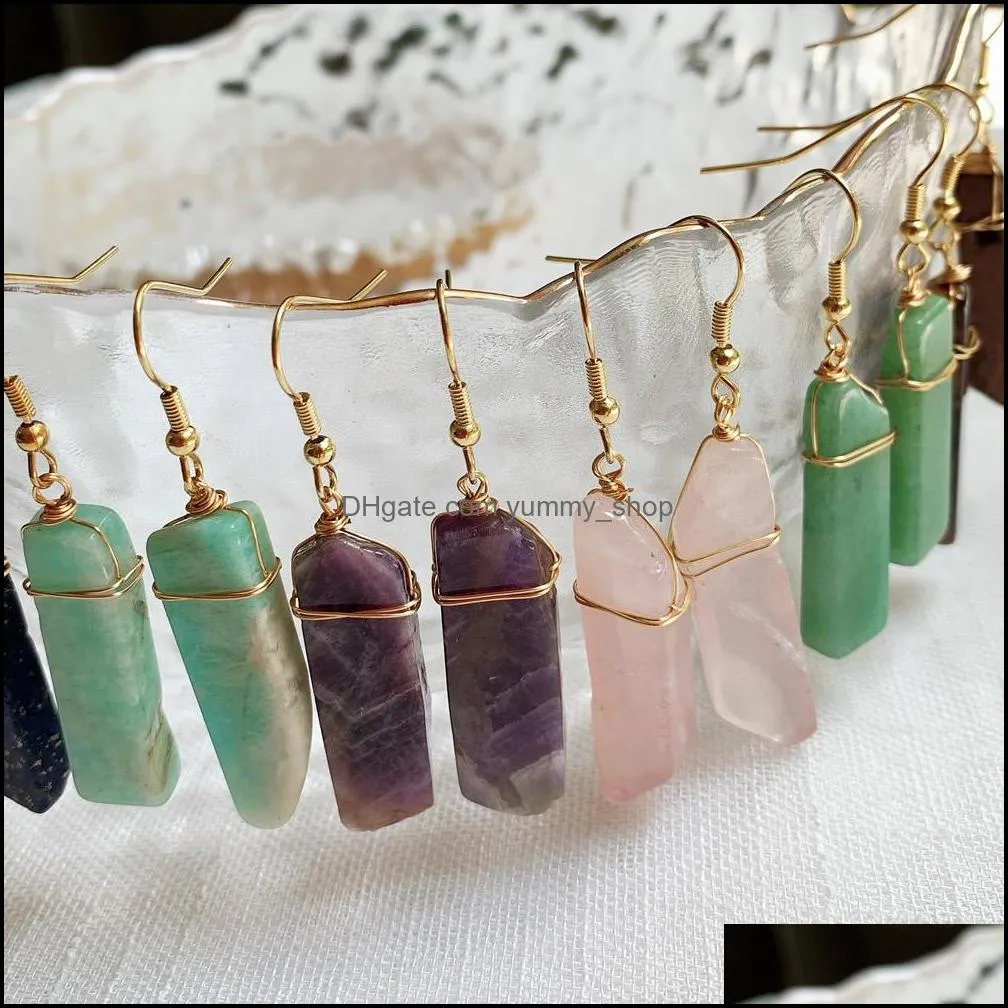 healing natural stone dangle earrings irregular rectangle long tassel pendulum amazonite lapis pink quartz purple crystal drop earring