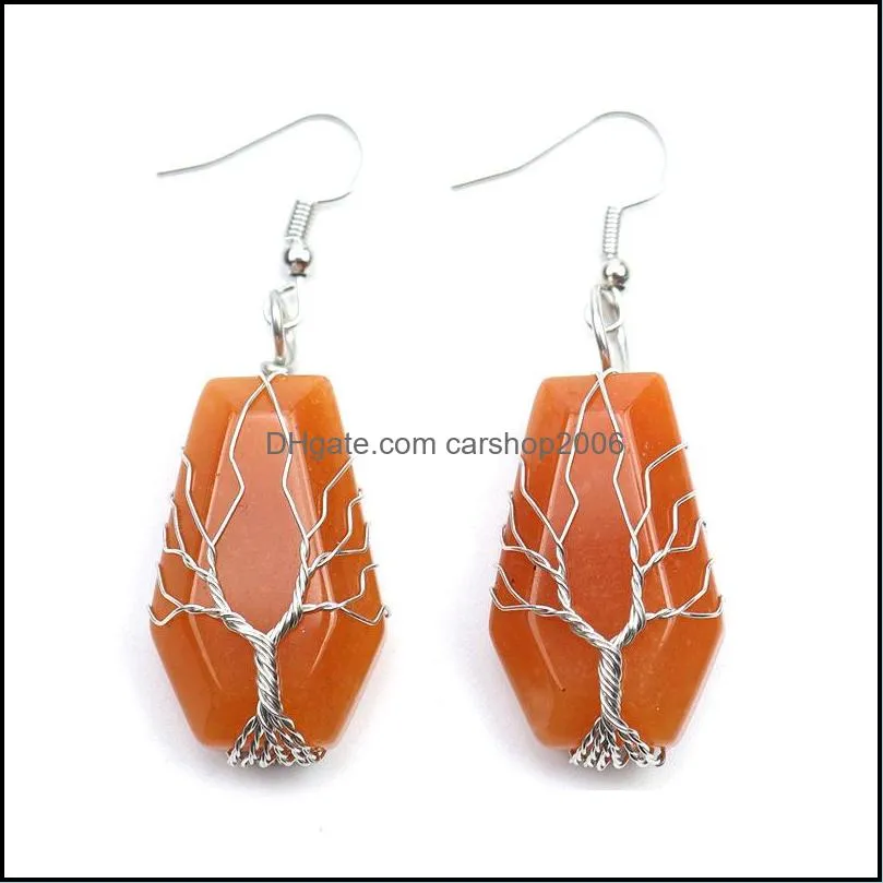 natural stone crystal agate dangle earrings wrap tree of life lucky treature coffin shape charms earrings wholesale women jewelry