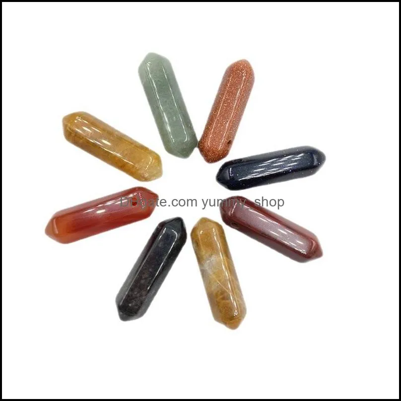 natural stone hexagon prism hole charms rose quartz tiger eye amethyst red agate chakra pendant for necklace jewelry making