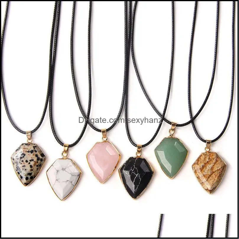 gold edged natural crystal stone shield shape necklace rose quartz hexgonal pendant necklace for women men jewelry gifts