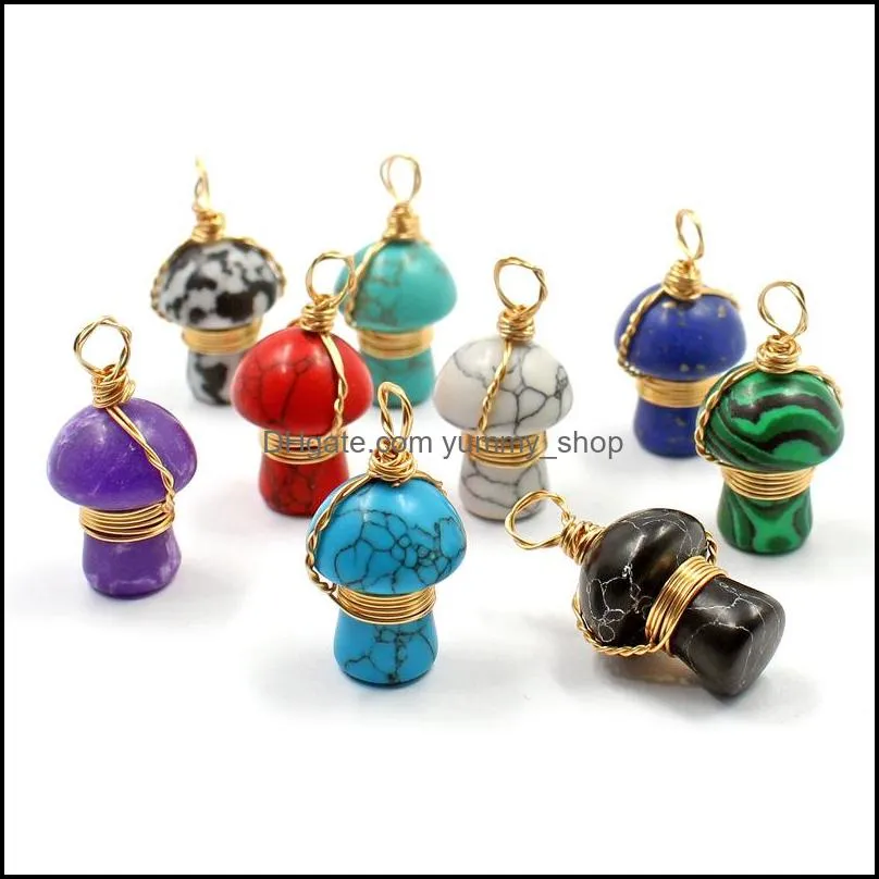 wire wrap natural gem stone carved 2cm mushroom charms quartz crystal amethyst tiger eye pendant diy necklaces earrings