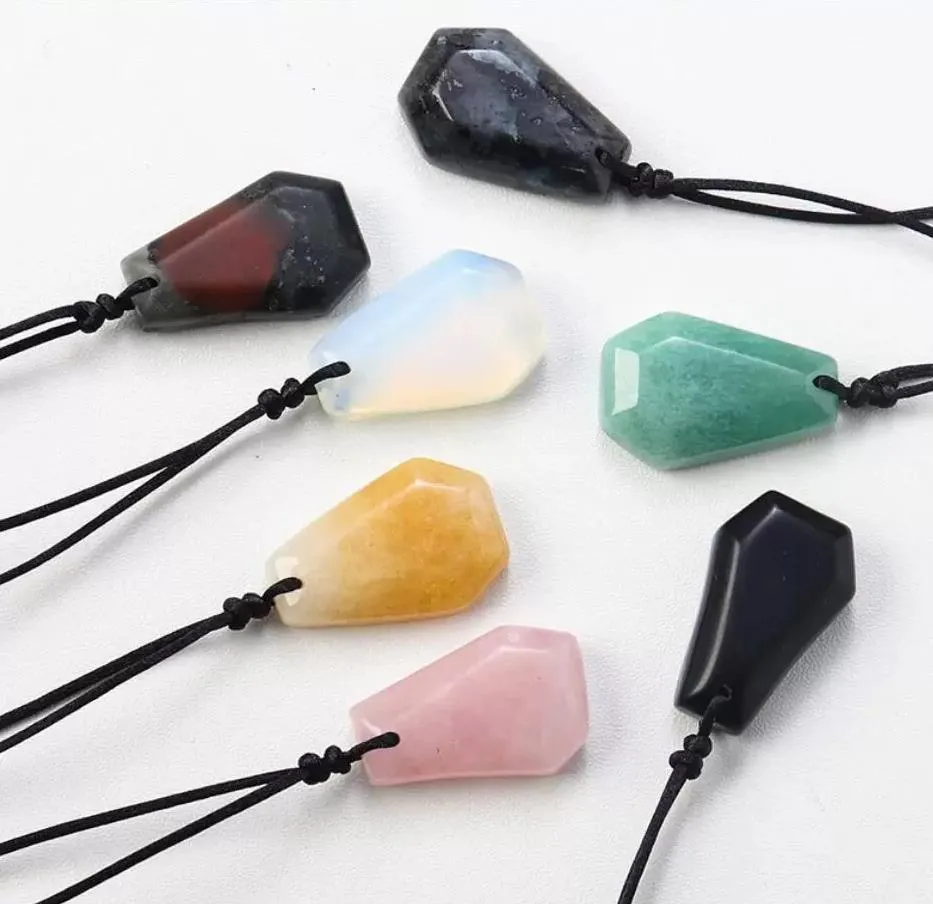 natural stone geometric coffin shape pendant quartz agates healing crystal tiger eye amethyst charms chakra necklace jewelry