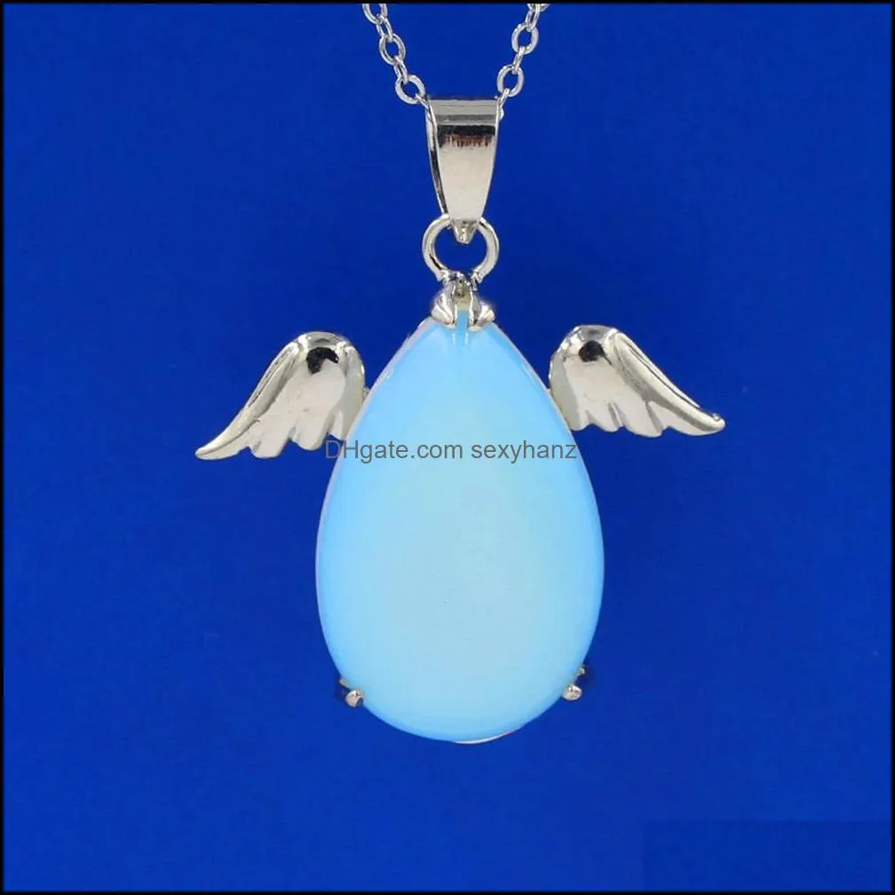 crystal angel wings water drop pendant fashion silver plated long chain necklace jewelry retro unisex turquoise