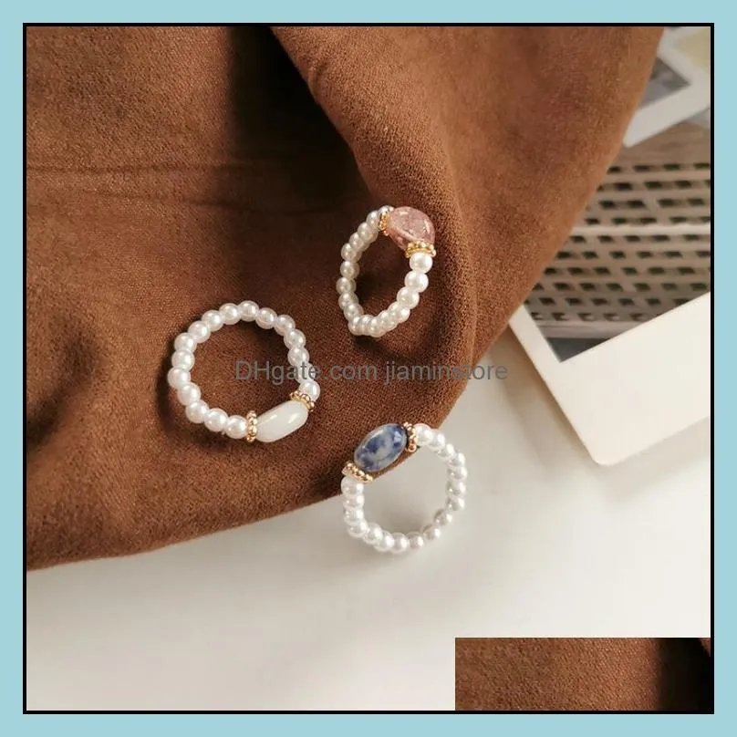 elegant simulated pearl bead stone elastic rings for women midi finger knuckle ring fashion vintage adjustable jewelry gifts