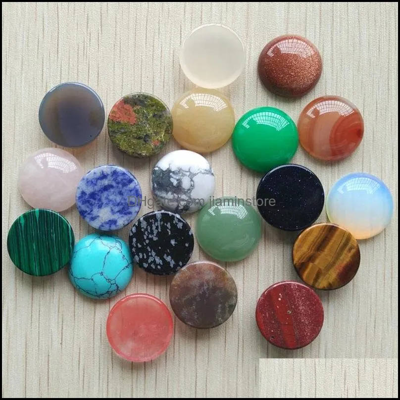 20mm assorted natural stone flat base round cabochon green pink cystal loose beads for necklace earrings jewelry clothes accessories making