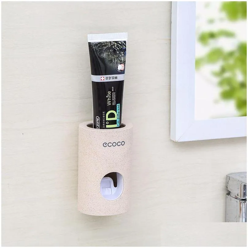 ecoco automatic toothpaste dispenser dustproof toothbrush holder wheat straw wall mounted toothpaste squeezer for bathroom