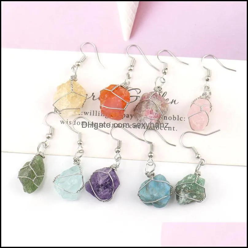 wire wrap natural crushed stone rough crystal agate dangle earrings wholesale women jewelry