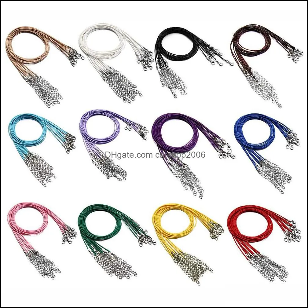 100pcs/lot 18inch braided leather necklace chain cord rope with lobster claw clasp 1.5mm multi color waterproof woven wax chain for pendant diy making