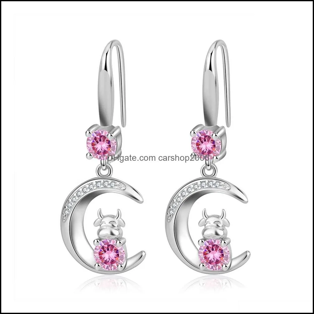 moon cow charms s925 stamp silver earrings blue pink white zircon earring jewelry shiny crystal tassel hoops piercing earrings for women wedding party