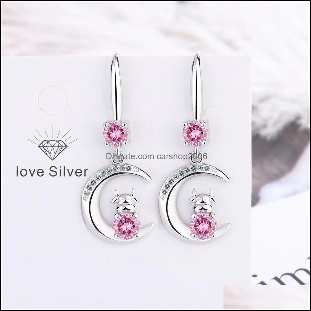 moon cow charms s925 stamp silver earrings blue pink white zircon earring jewelry shiny crystal tassel hoops piercing earrings for women wedding party