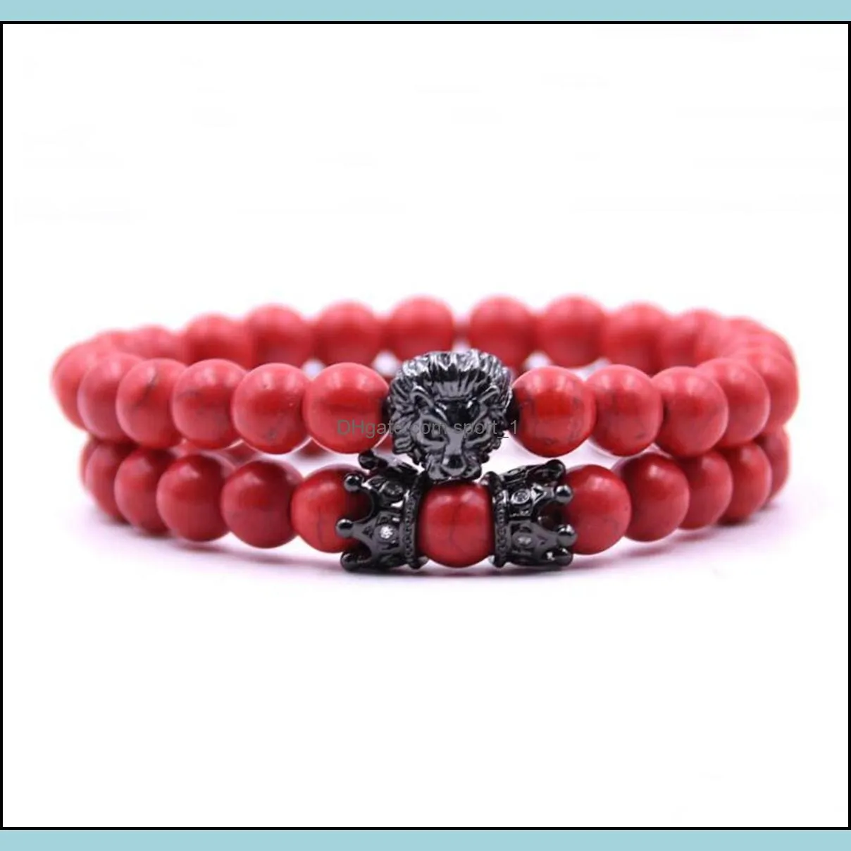 2pcs/set animal king  head red turquoise bangle natural stone crown couple bracelet sets for men hand jewelry accessories men