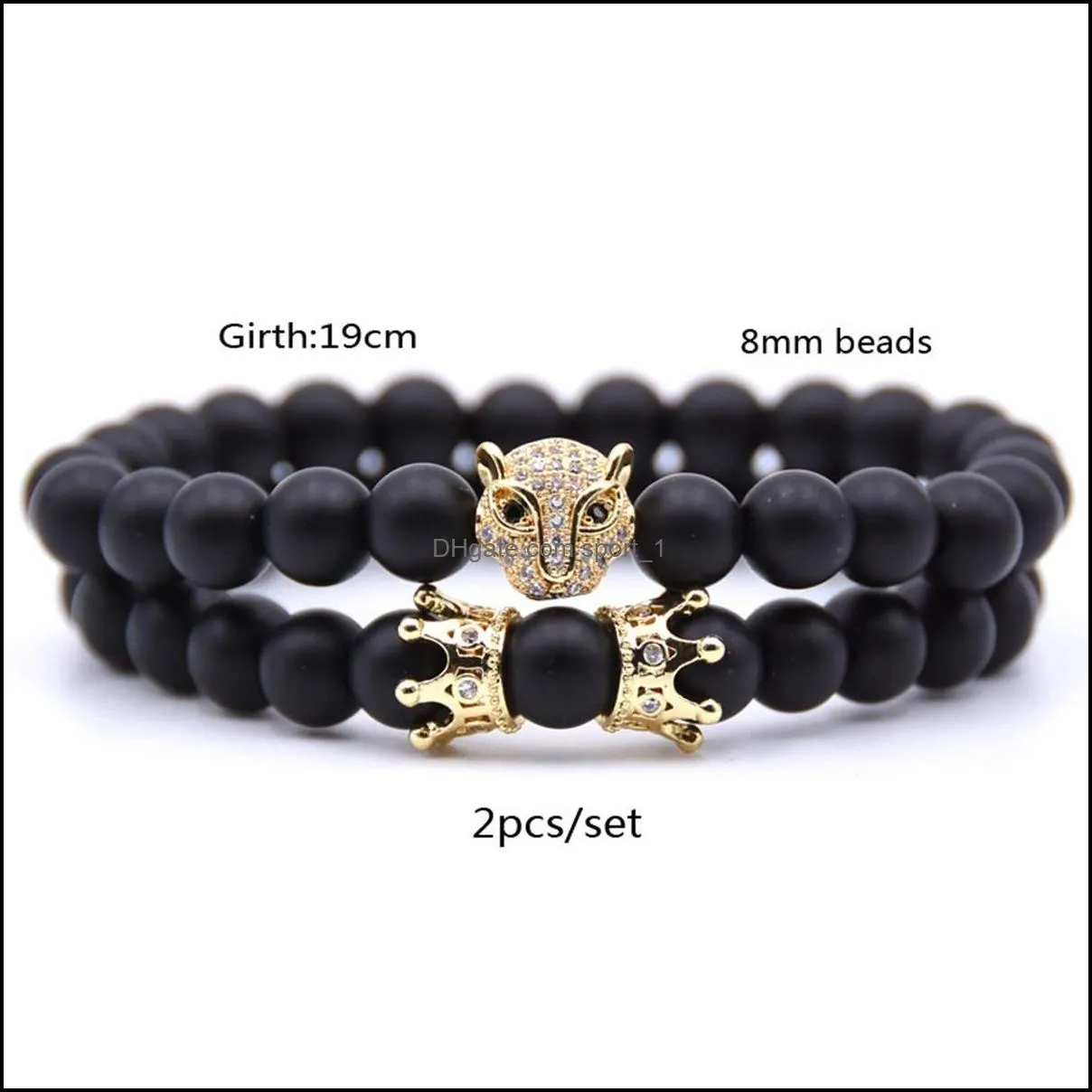 10pc/set wholesale fox crown bracelet sets black matte mala stone for men women handmade custom jewelry