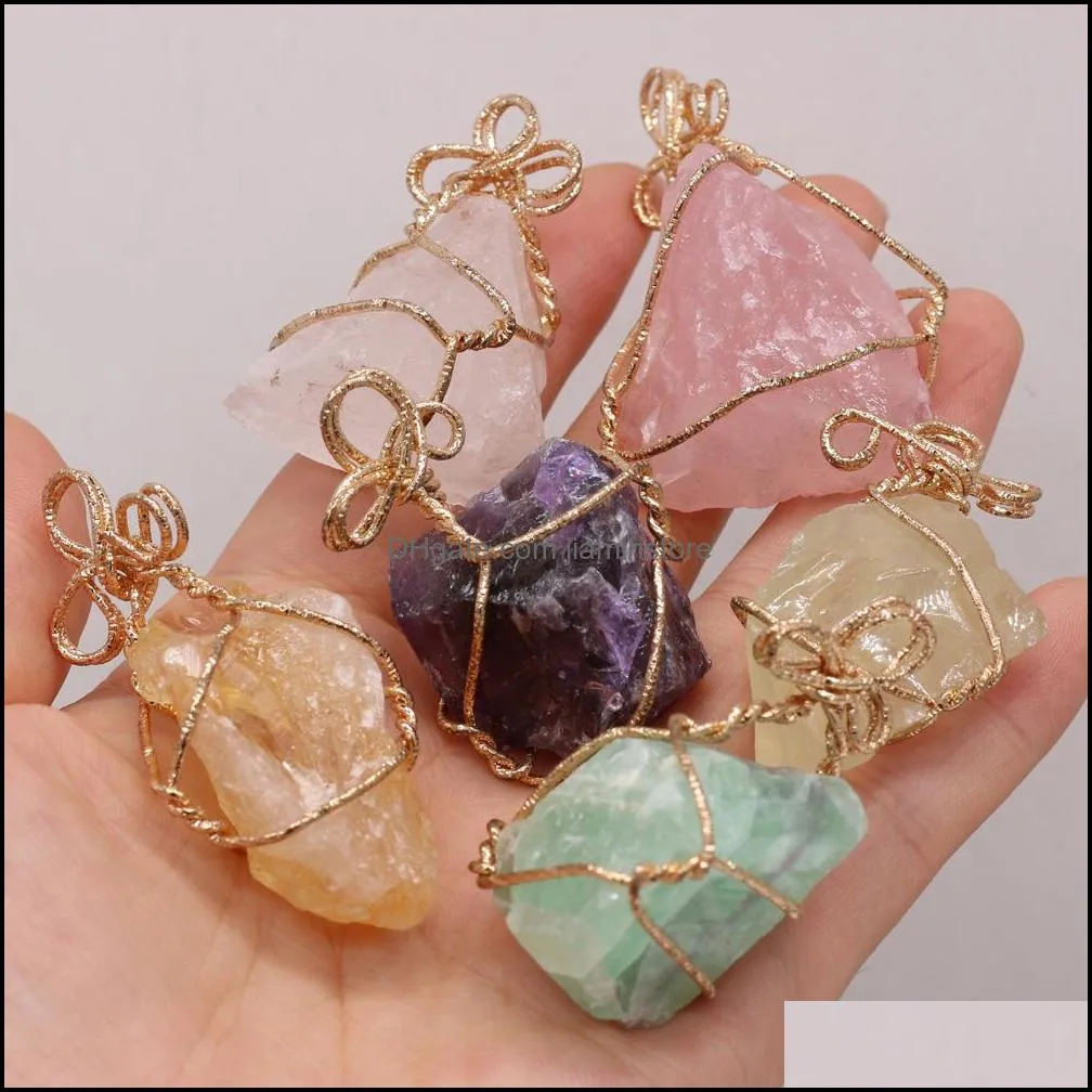 wire wrap irregular raw chakra natural stone charms pendant reiki healing crystal charm fashion diy necklace jewelry making wholesale