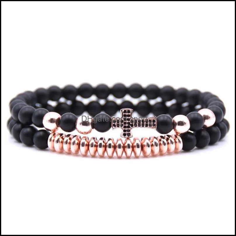 10pc/set arrival micro zircon copper cross copper beads black sandstone bracelet set handmade jewelry