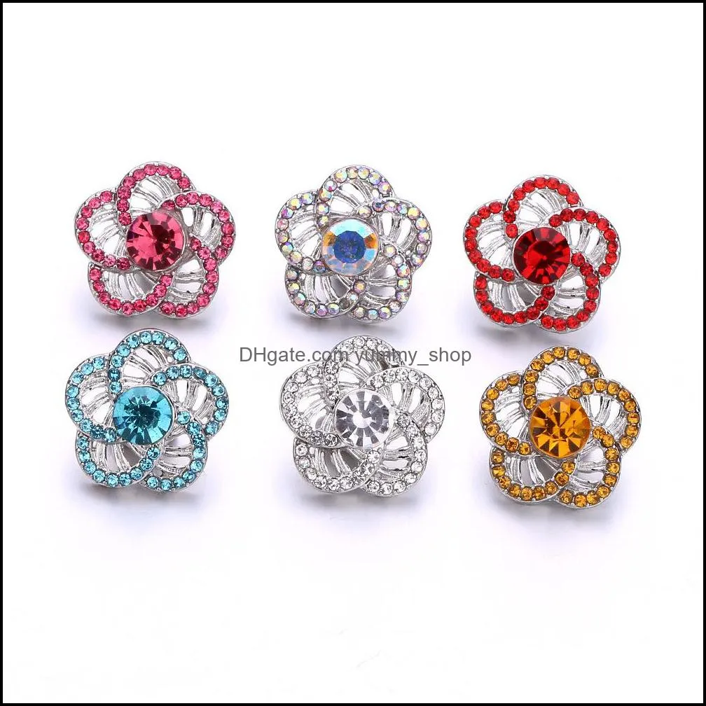 colorful flower crystal snap button jewelry components silver hollow 18mm metal snaps buttons fit bracelet bangle noosa for women men
