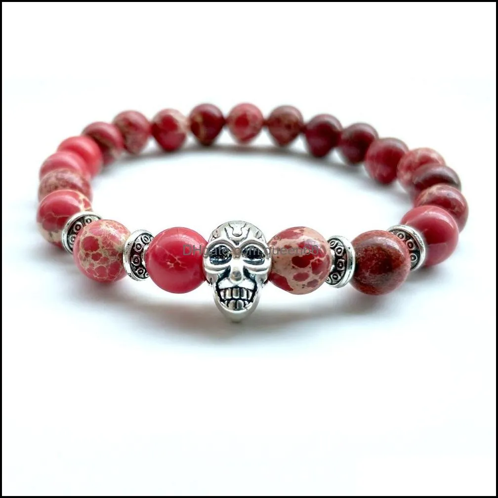 10pc/set wholesale 8mm natural gemstone beaded cz skull bangle women health indian agate stone beads bracelet for men