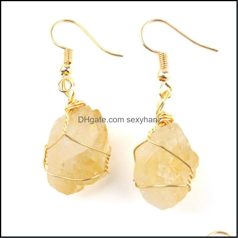 gold wire wrap natural crushed stone rough crystal agate dangle earrings wholesale women jewelry