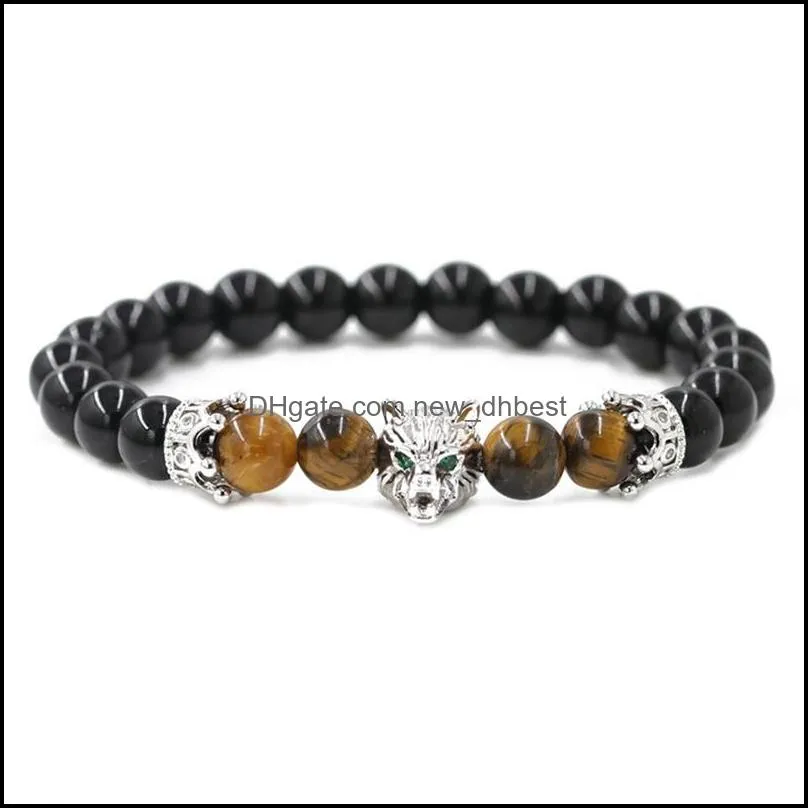 crown gems men and women bracelet wolf head natural stone stainless steel temperament fathers day gift bracelet 12pcs