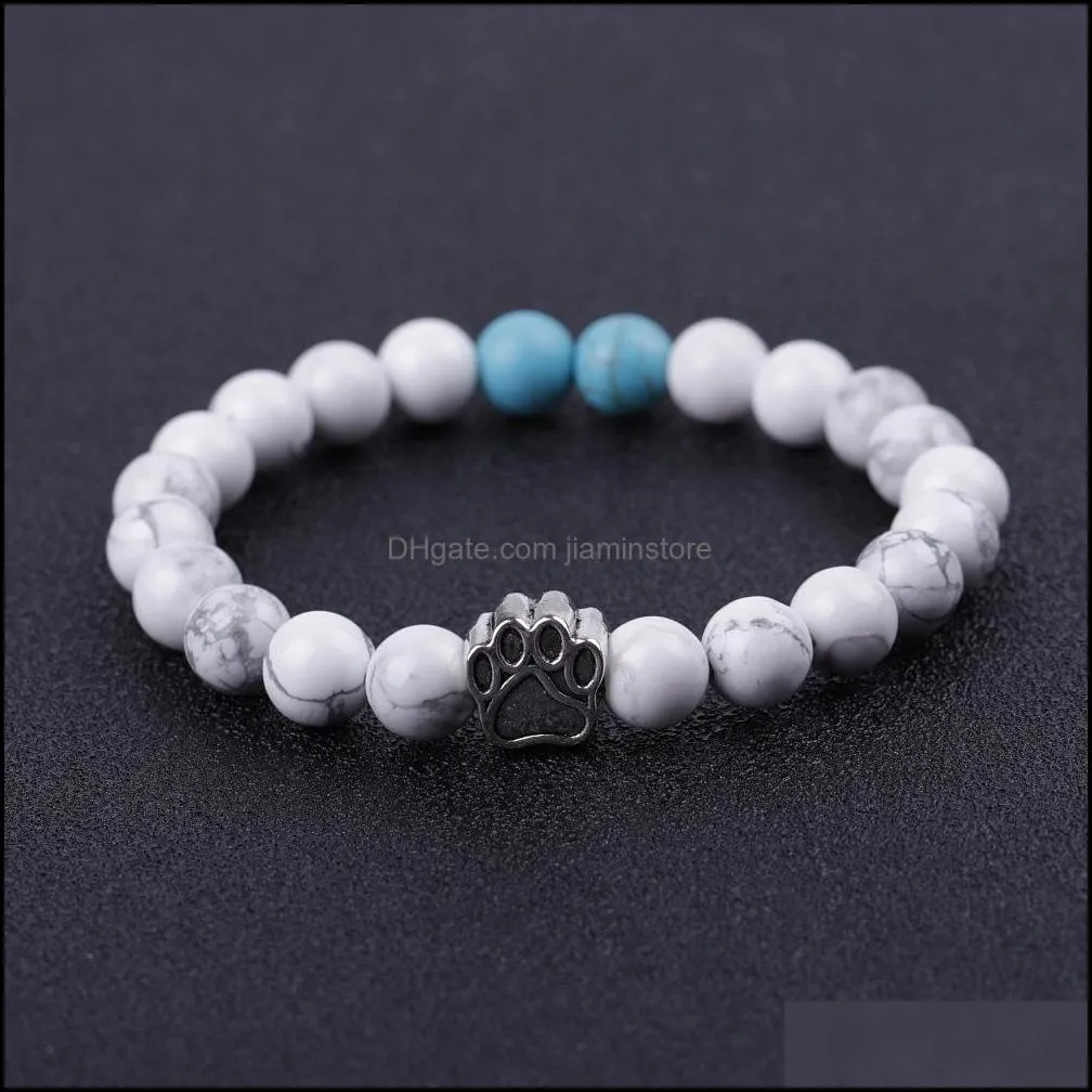 dog paw 8mm stone beads charms bracelet women men bangle beaded hand strings