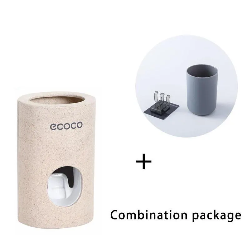 ecoco automatic toothpaste dispenser dustproof toothbrush holder wheat straw wall mounted toothpaste squeezer for bathroom